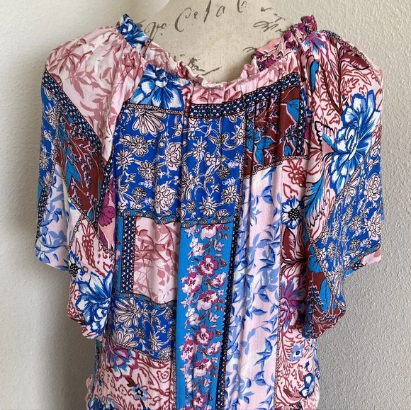 By Anthropologie Robin Tiered Mini Dress L Boho Floral Festival Flowy Patchwork - Picture 15 of 17